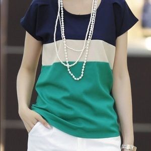 3 Color Block Top Chiffon Short Sleeve Navy  XS S